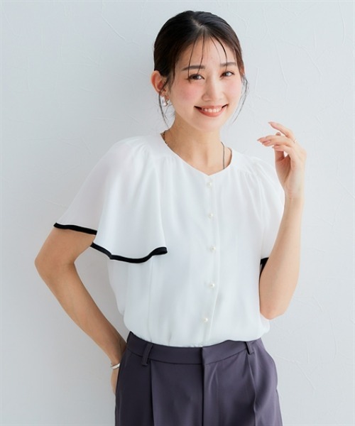 ブラウス シャツ 小さいサイズ　ジョーゼット配色フレア袖ブラウス　低身長さん・小柄女性 レディース