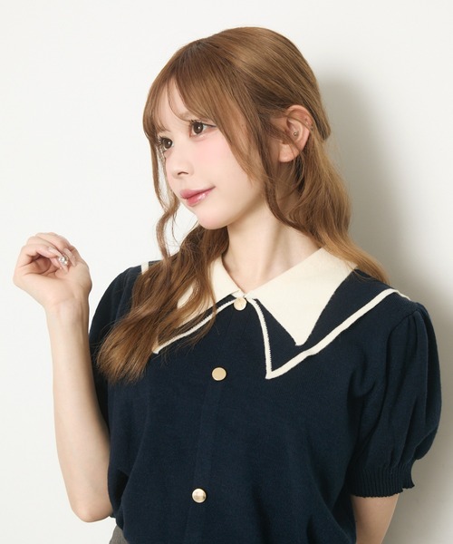 美品レキサミドレープスリーブニットシャツカラーセーターネイビー紺付け襟半袖レア レキサミrekisamドレープスリーブニットシャツカラーセーター