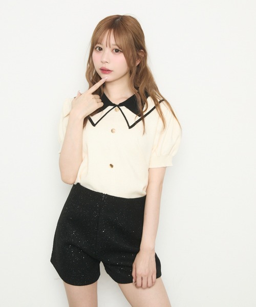 希少 プラダ ミラノ 上質 デザイン バイカラー 半袖 リンガーニット 38 TITTY＆CO. ニット セーター バイカラー襟ニット半袖 レディース