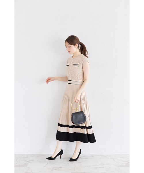 CHICWISH★パールサッシュ付きニットワンピース 3色☆ パール付きレース切り替えバイカラーニットワンピース