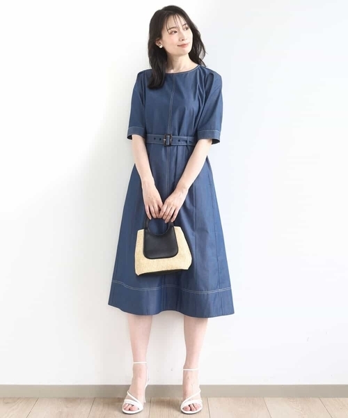 OFUON（オフオン） ワンピース 配色ステッチデニムライクワンピース/UV