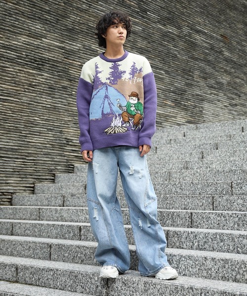 セーター ニット HOOK -original- キャンプおじさん配色ニット (AW