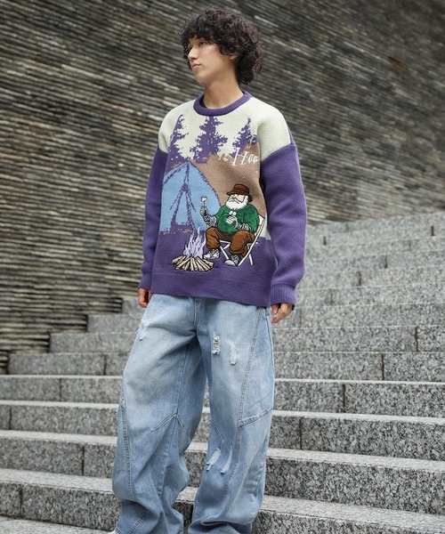 セーター ニット HOOK -original- キャンプおじさん配色ニット メンズ