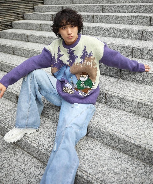 セーター ニット HOOK -original- キャンプおじさん配色ニット メンズ