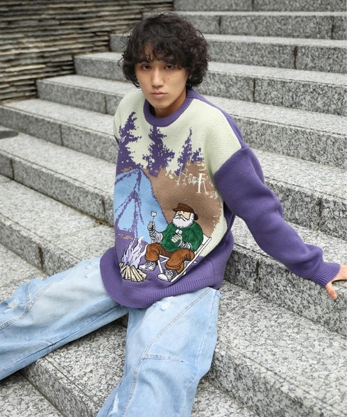 セーター ニット HOOK -original- キャンプおじさん配色ニット メンズ