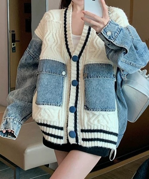Diosfront カーディガン デニムドッキングニットカーディガン