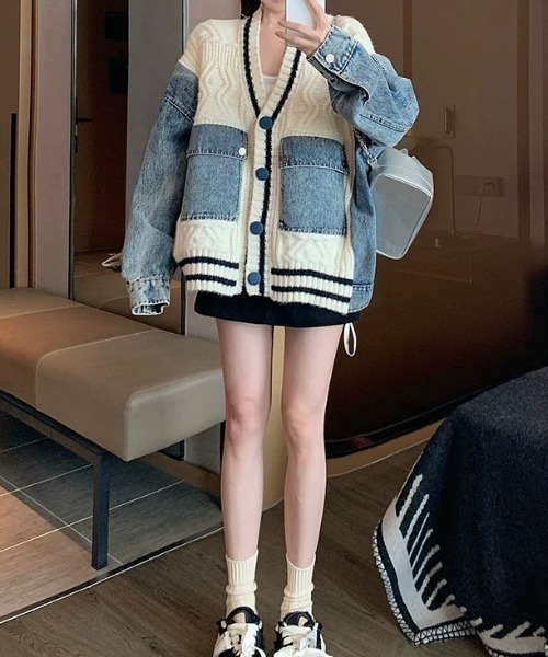 Diosfront カーディガン デニムドッキングニットカーディガン