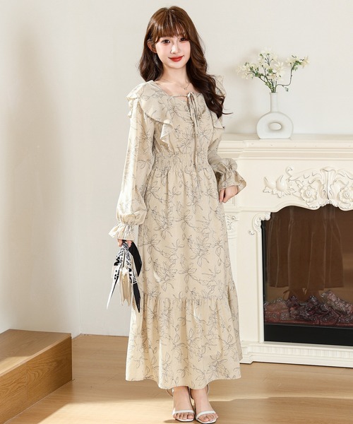 Anely ワンピース ボタニカル柄 フリル リボン ティアード ロング