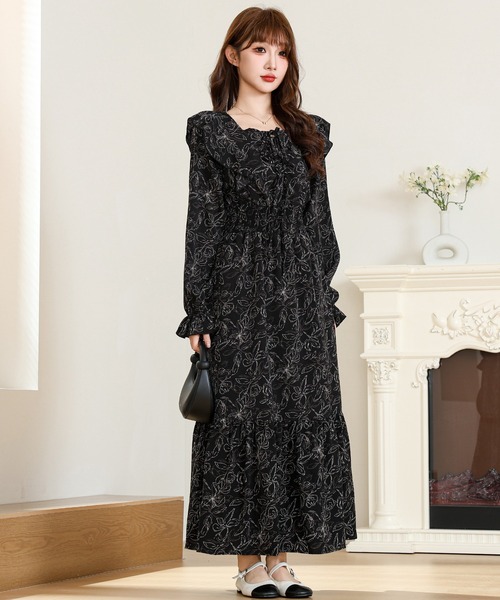 Anely ワンピース ボタニカル柄 フリル リボン ティアード ロング