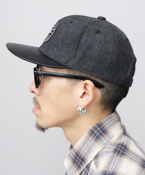 セレブ キャップ 帽子 メンズ レザー調平ツバ ツイード BBキャップ