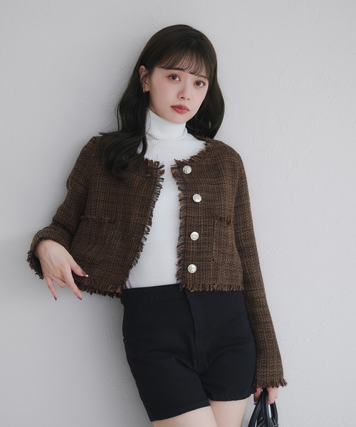 fupel ジャケット ノーカラージャケット no collar fringe tweed