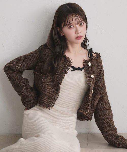 fupel ジャケット ノーカラージャケット no collar fringe tweed