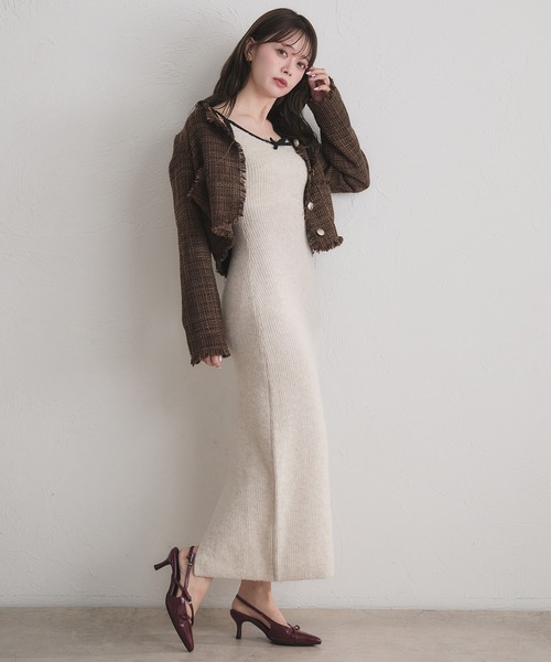 fupel ジャケット ノーカラージャケット no collar fringe tweed