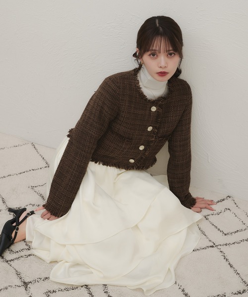 fupel ジャケット ノーカラージャケット no collar fringe tweed