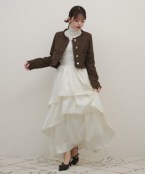 fupel ジャケット ノーカラージャケット no collar fringe tweed