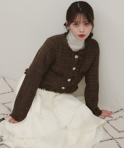 fupel ジャケット ノーカラージャケット no collar fringe tweed