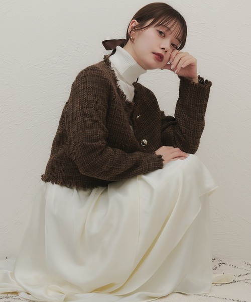 fupel ジャケット ノーカラージャケット no collar fringe tweed