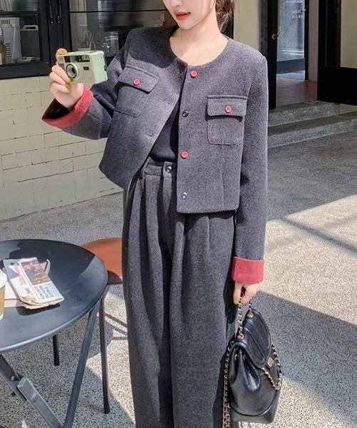 Diosfront セットアップ 袖配色ショート丈ノーカラージャケット