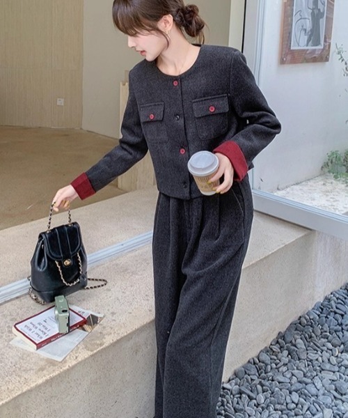 Diosfront セットアップ 袖配色ショート丈ノーカラージャケット