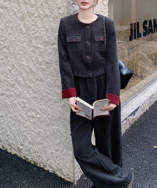 Diosfront セットアップ 袖配色ショート丈ノーカラージャケット