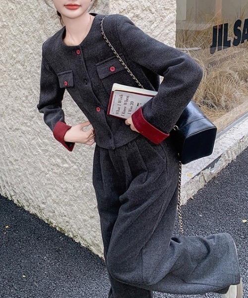 Diosfront セットアップ 袖配色ショート丈ノーカラージャケット