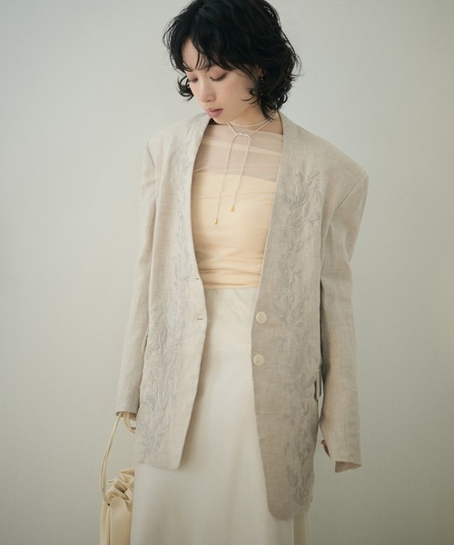刺繍ノーカラージャケット ジャケット ノーカラージャケット botanical embroidery linen jacket