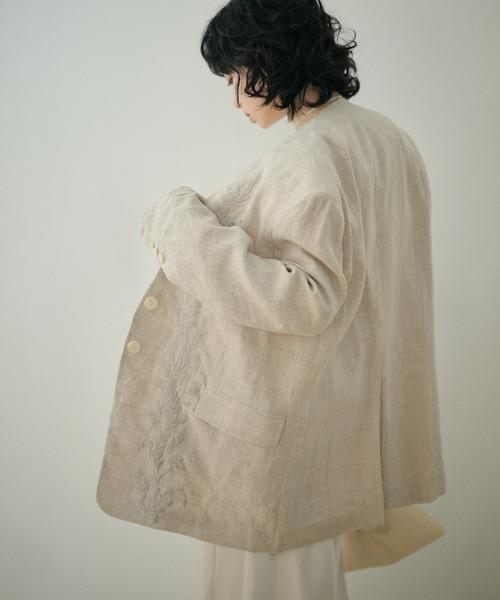 ジャケット ノーカラージャケット botanical embroidery linen jacket