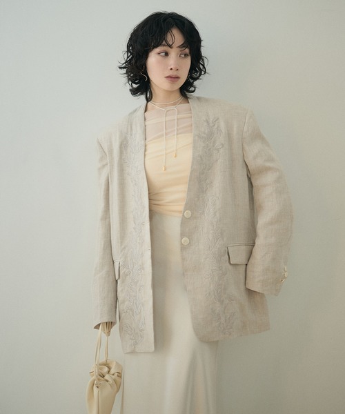 ジャケット ノーカラージャケット botanical embroidery linen jacket