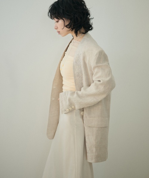 ジャケット ノーカラージャケット botanical embroidery linen jacket