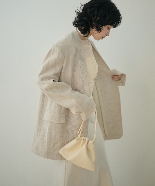 ジャケット ノーカラージャケット botanical embroidery linen jacket