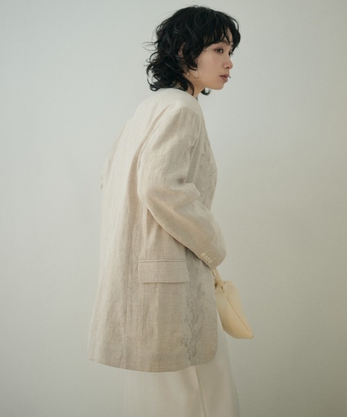 ジャケット ノーカラージャケット botanical embroidery linen jacket