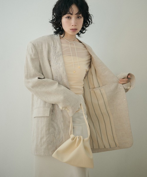 ジャケット ノーカラージャケット botanical embroidery linen jacket