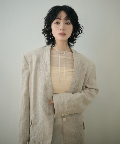 刺繍ノーカラージャケット ジャケット ノーカラージャケット botanical embroidery linen jacket