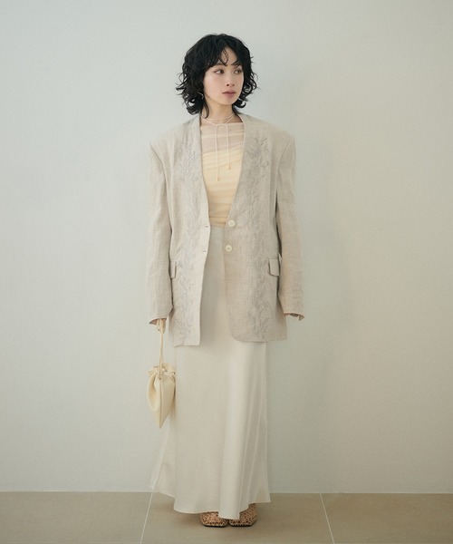 ジャケット ノーカラージャケット botanical embroidery linen jacket