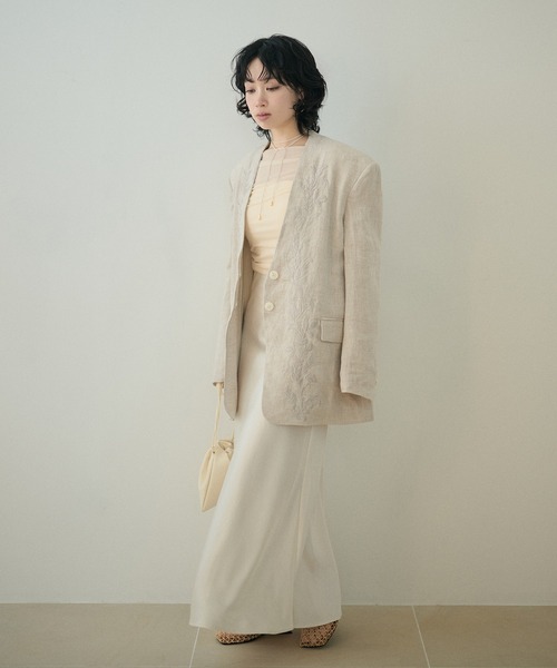 ジャケット ノーカラージャケット botanical embroidery linen jacket