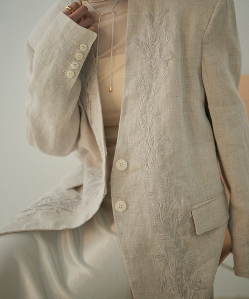ジャケット ノーカラージャケット botanical embroidery linen jacket