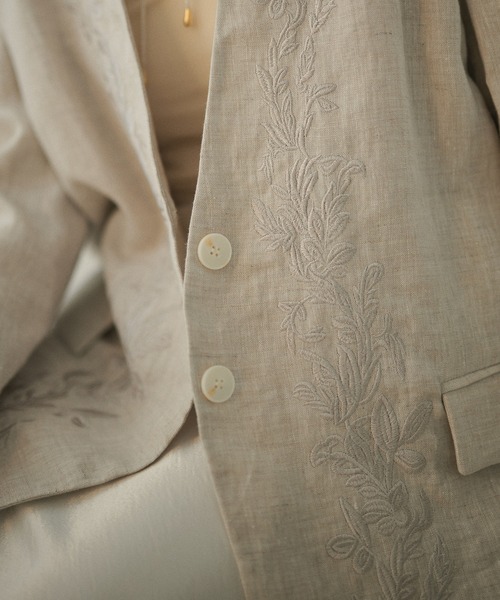 ジャケット ノーカラージャケット botanical embroidery linen jacket