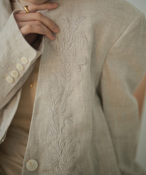 ジャケット ノーカラージャケット botanical embroidery linen jacket