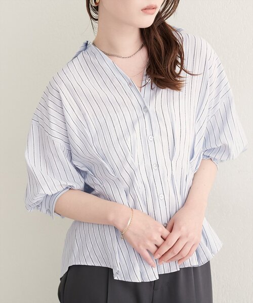 natural couture ブラウス シャツ 半袖 ストライプタックブラウス