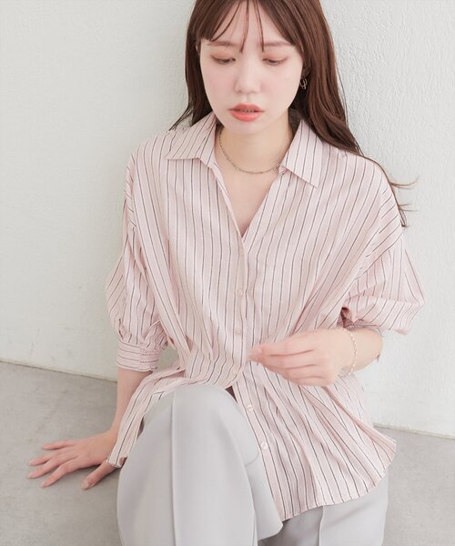natural couture ブラウス シャツ 半袖 ストライプタックブラウス