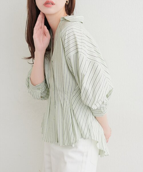 natural couture ブラウス シャツ 半袖 ストライプタックブラウス