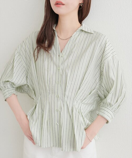 natural couture ブラウス シャツ 半袖 ストライプタックブラウス