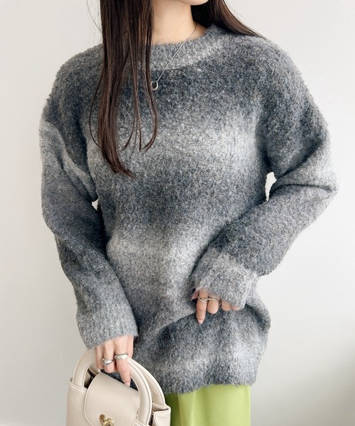 秋冬 ニット セーター ルーズ ユニセックス hr27 SOMEDIFF セーター ニット フェザーヤーン総柄ニット ルーズ