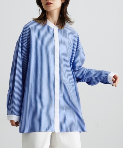Soiunique ブラウス シャツ バンドカラーストライプロング丈