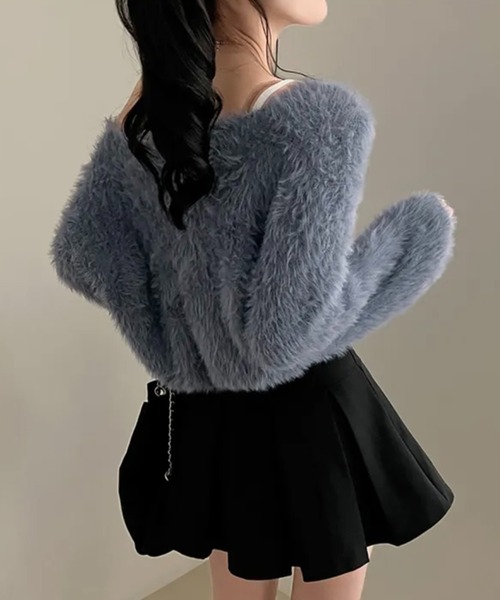 人気商品♡Vネックオフショルニット ニット セーター オフショルシャギーVネックニット レディース