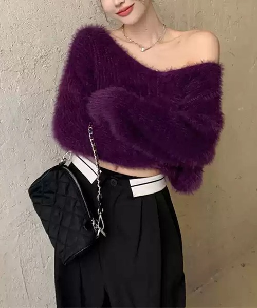 ニット セーター オフショルシャギーVネックニット レディース