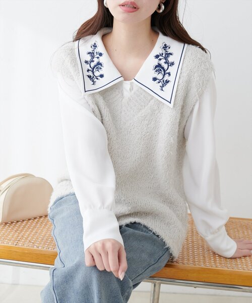 大きな刺繍襟 ホワイト レトロ 半袖 ブラウス 上品 可愛い ヴィンテージ感J2 natural couture ブラウス シャツ 「WEB限定」配色刺繍衿レトロ