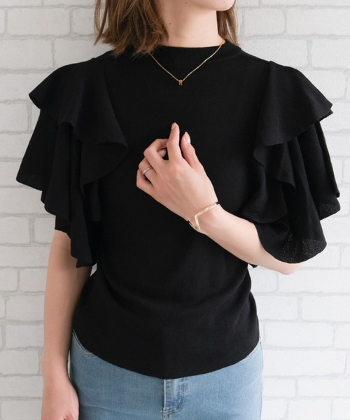 6.9万円✨ドゥロワー　サマーニット　フリルスリーブ　フレア　ミラノ　ネイビー サマーニット ニット セーター ダブルフリルスリーブサマーニット