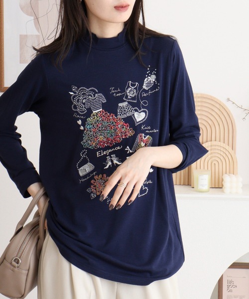 ブローディア BRODIAEA ハイネックカットソー カラフル刺繍 スーパープレミアサーモ （ベージュ） ブローディア BRODIAEA ハイネックカットソー カラフル刺繍