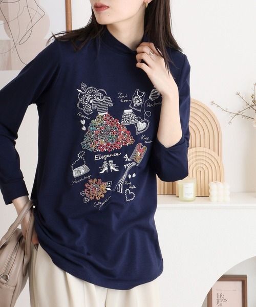 ブローディア BRODIAEA ハイネックカットソー カラフル刺繍 スーパープレミアサーモ （チャコールグレー） ブローディア BRODIAEA ハイネックカットソー カラフル刺繍